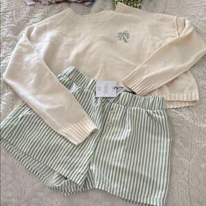 Cream Sweater and Green Striped Shorts Set
